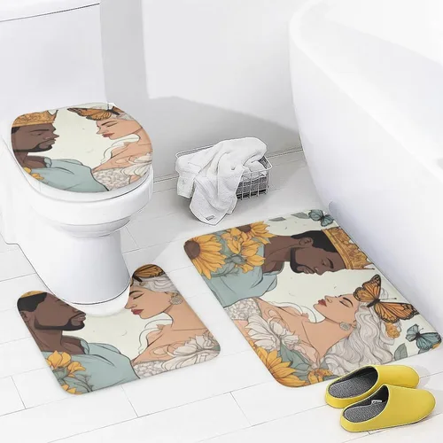 Vista 4 de 4Pcs Shower Curtain Sets Afro Black King Queen Romantic Love Butterfly Bathroom Decor Sets with Rugs Bathroom Accessories Set Bathroom Curtain