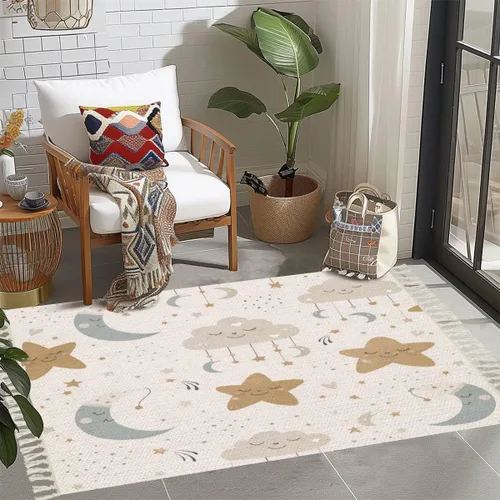 Vista 4 de Alfombra bohemia para dormitorio de niños, sala de juegos, guardería, bonita alfombra celestial sin costuras de dibujos animados bebé estampado una