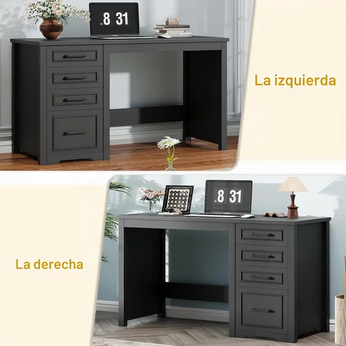 Vista 4 de Vabches Farmhouse Escritorio ejecutivo de 49 pulgadas con cajón de archivos, color negro