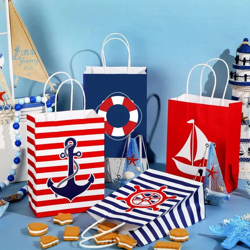 Vista 2 de Sepamoon Paquete de 16 bolsas de regalo náuticas, bolsas de papel para fiestas náuticas y papel de seda con asas, anclajes marinos, golosinas