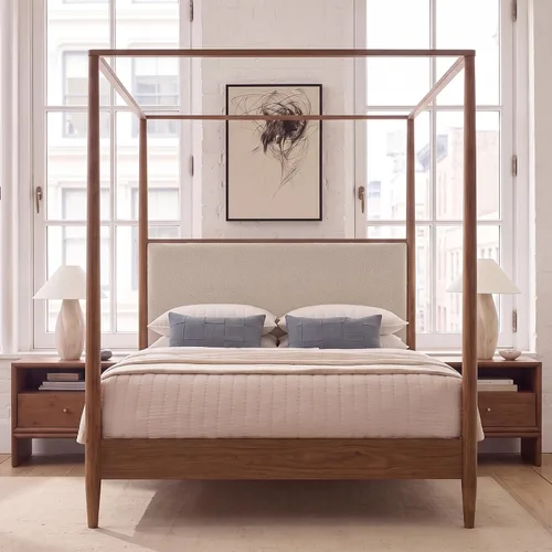 Vista 58 de Cama de plataforma con dosel de 4 pósteres de tamaño matrimonial con cabecero de listones verticales Negro-8.1