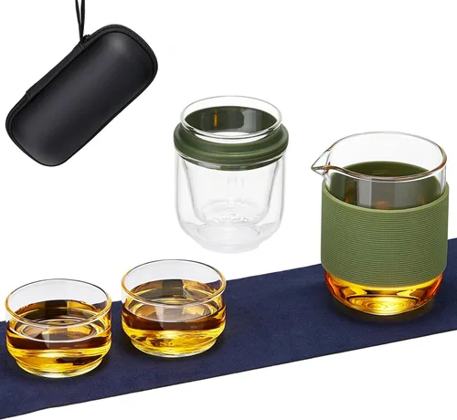 Vista 7 de DOPUDO Taza de Té de Vidrio, Taza de Té con Infusor, Juego de Té, Juego de Tetera de Vidrio Portátil con 1 Colador, 2 Tazas, 1 Taza Principal, Taza