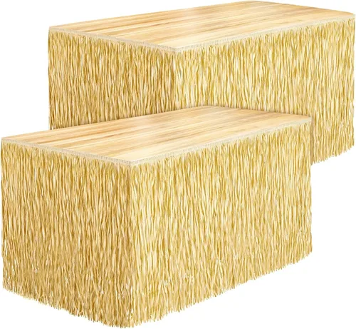 Vista 8 de Fovths 1 paquete de falda de mesa de hierba Luau con flecos de papel, falda de paja oscura de 108 x 30 pulgadas, faldas de mesa hawaianas
