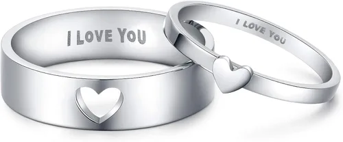 Vista 2 de Anillos de compromiso LAVUMO con corazón a juego para parejas con inscripción I Love You, anillo de compromiso, set para él y para ella, de acero