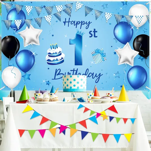 Vista 5 de Cartel de fondo de feliz primer cumpleaños azul para recién nacidos, fondo de fotografía para primer cumpleaños, suministros de decoración de fiesta