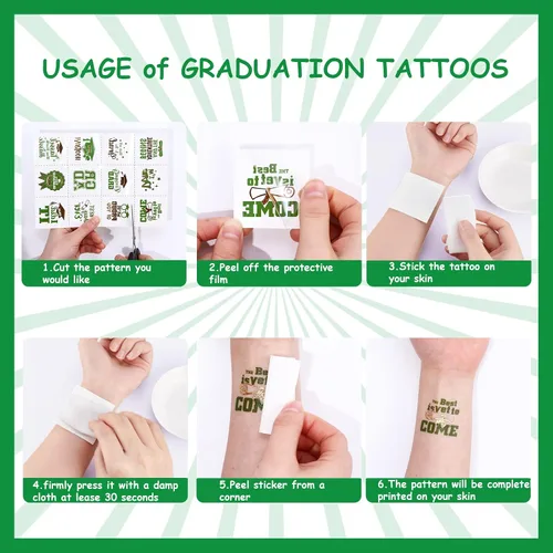 Vista 6 de 12 hojas de tatuajes temporales de graduación con purpurina verde y dorada estilo metálico, recuerdos de fiesta de graduación 2025, felicitaciones