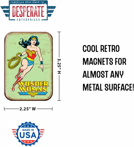 Vista 2 de Desperate Enterprises Wonder Woman - Imán retro para refrigerador, divertidos imanes para oficina, hogar y escuela, fabricado en los Estados Unidos