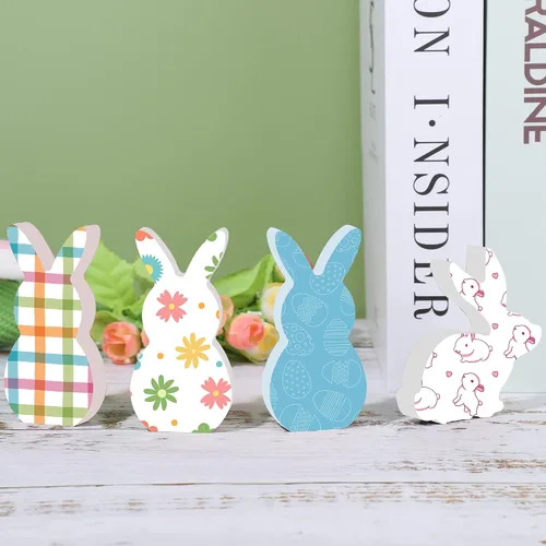 Vista 4 de 12 letreros de madera de conejo de Pascua, bloques de madera de conejo sin terminar, mini letreros de madera de conejito de madera para Pascua