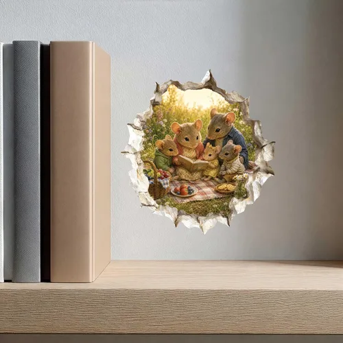 Vista 8 de Adhesivo de pared 3D con diseño de familia de ratón con agujero de ratón