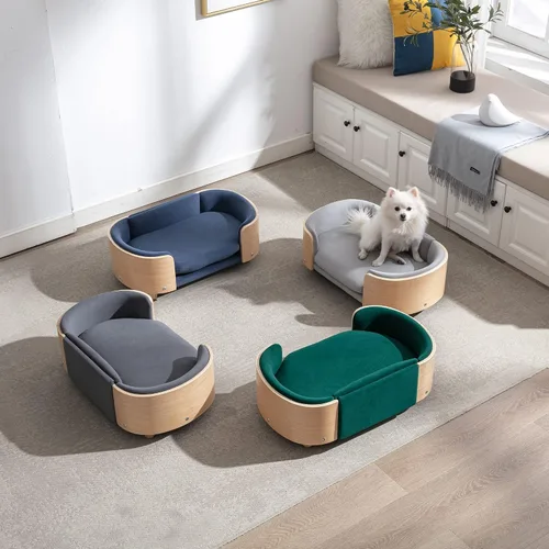 Vista 9 de Cama elevada para perros de estilo escandinavo con marco de madera maciza, sofá ortopédico para mascotas con funda extraíble lavable, muebles