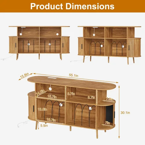 Vista 2 de Mid-Century - Moderno soporte para tocadiscos con carga USB y luces LED, gabinete de almacenamiento de vinilo estriado, capacidad para más de 300