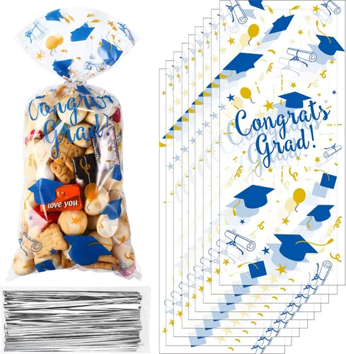 Vista 8 de Blulu 100 bolsas de celofán de graduación, felicitaciones para graduados, bolsas de regalo de plástico con 100 lazos giratorios plateados para Negro