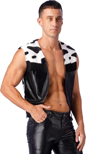Vista 2 de Disfraz de Halloween para hombre, chaleco con estampado de vaca, sin mangas, frente abierto, abrigos cortos