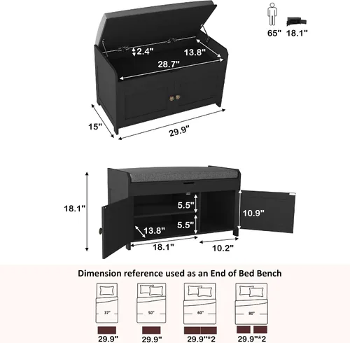 Vista 3 de HOMEFORT Banco para Zapatos de 30" con Almacenamiento de Tapa Elevable, Banco de Entrada con Asiento Acolchado, Banco de Madera para Pie de Cama