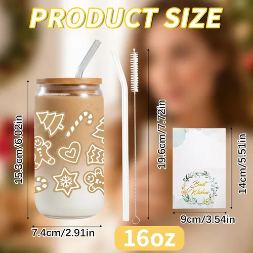Vista 2 de JEKUGOT Vasos de Navidad para mujeres, vasos de vidrio de 16 onzas con tapa Estilo A