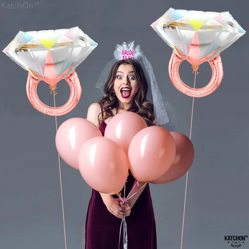 Vista 5 de KatchOn, Letras de globos de compromiso de oro rosa con globo de anillo de diamantes, paquete de 3, globos de compromiso de oro rosa para decoración