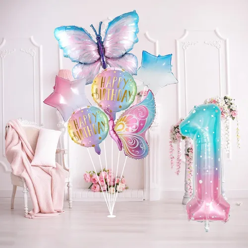 Vista 4 de Decoraciones de cumpleaños de mariposa, globos de mariposa, decoraciones de fiesta de primer cumpleaños para niñas, números de fantasía, 1 globo