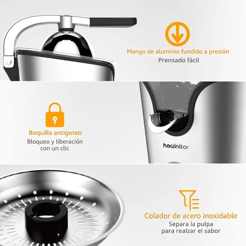 Vista 2 de Healnitor Exprimidor eléctrico de cítricos de 150 W con 2 conos, máquinas extractoras de jugo de naranja silenciosas de acero inoxidable para lima
