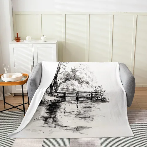 Vista 2 de Erosebridal Sketch Tree Flannel Blanket 40x50 Inch Vintage Farmhouse Fleece Blanket Grey Minimalist Mid Century Fuzzy Plush Throw French Country