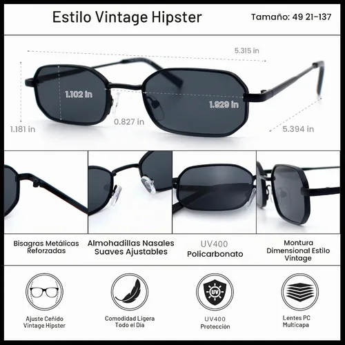 Vista 5 de SA106 Gafas de sol rectangulares hippie con borde de metal estrecho para hombre Marco negro - Lente negra
