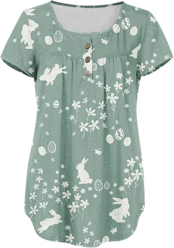 Vista 2 de Womens Casual Easter Short Sleeve Shirts V Neck Bunny Graphic Tops Button Up Pleated Tunic Floral Ruffle Blouse