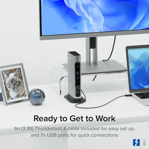 Vista 7 de Plugable Base Thunderbolt 4 16 en 1: monitores 4K duales para MacBook Air/Pro M4/M5, carga de 100 W, 2 HDMI, 2 puertos DisplayPort, Ethernet 2.5G, 7