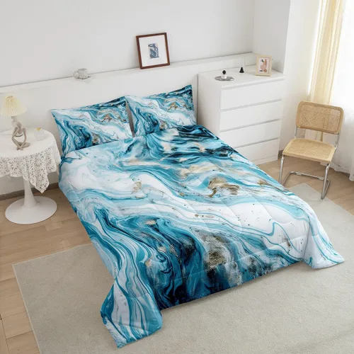 Vista 3 de Erosebridal Edredón de mármol azul y blanco, ropa de cama de lentejuelas doradas, juegos y colecciones de ropa de cama con patrón geométrico