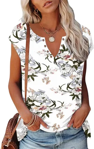 Vista 2 de Ceboyel Camiseta casual a rayas para mujer, manga casquillo, cuello en V, camiseta casual, trajes de vacaciones de verano 2023