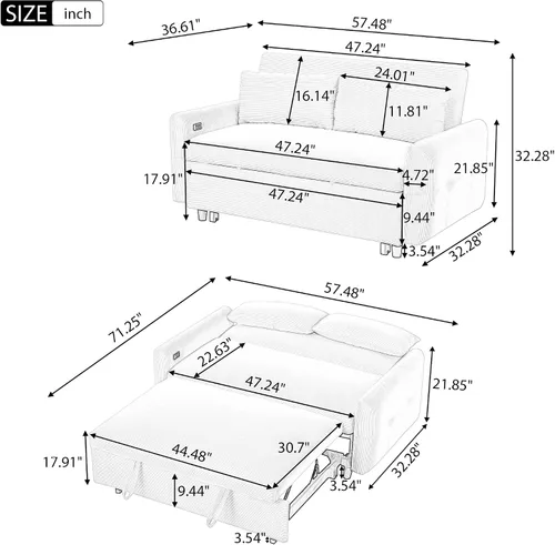 Vista 2 de KLMM Moderno sofá cama extraíble de 57.48 pulgadas, sofá cama convertible con 3 niveles de respaldo ajustable, dos almohadas y puertos USB