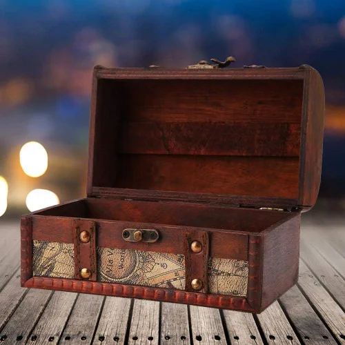 Vista 5 de Cofre del tesoro pirata caja de madera decorativa hecha a mano caja de almacenamiento de joyas para decoración del hogar Mapa