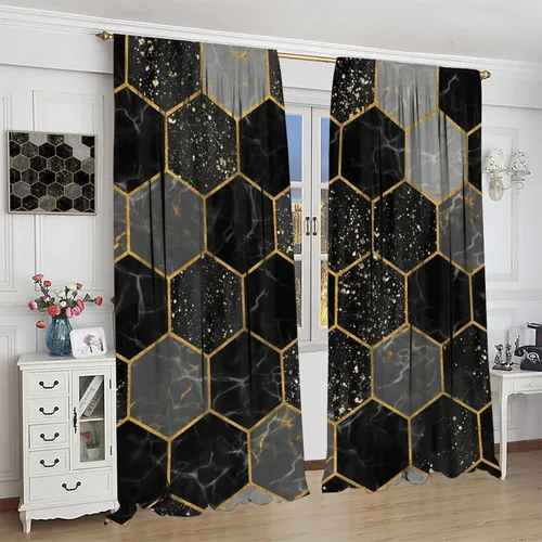 Vista 98 de Cortinas Negras con Dobladillo Dorado, Cortinas Opacas con Bolsillo para Barra con Estampado de Rayas de Foil en Onda Dorada para Decoración de Negro