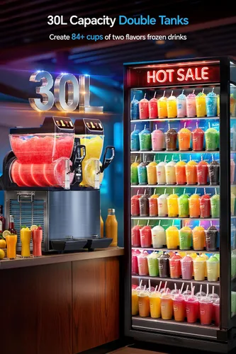 Vista 2 de Máquina comercial de granizado de 30 l, fabricante de bebidas congeladas de 2 tanques para Margarita Daiquiri Wine Frappe, dispensador de aguanieve