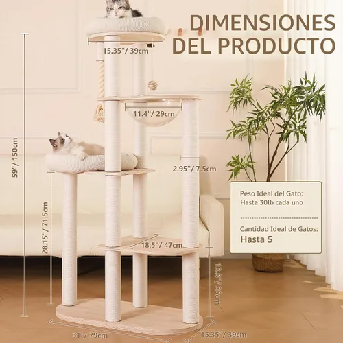 Vista 2 de Árbol moderno para gatos de 59 pulgadas, torre grande de varios niveles, árbol de madera resistente para gatos con hamaca, poste rascador de algodón