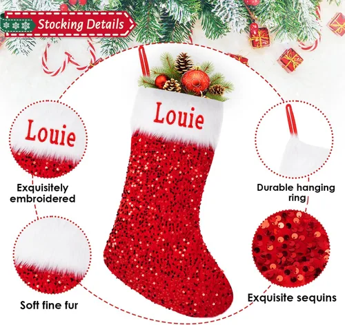Vista 2 de Ulico Calcetines de Navidad personalizados, 18 pulgadas, con lentejuelas bordadas con nombre personalizado, calcetines de Navidad para niños