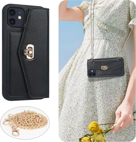 Vista 2 de LUVI Funda compatible con iPhone 13 con tarjetero para mujer con correa cruzada para el cuello, cordón, bolso de mano, correa de hombro de piel
