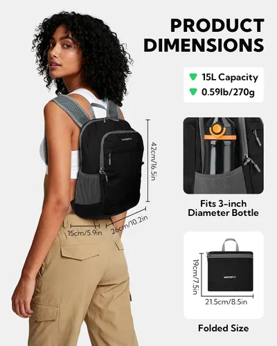 Vista 3 de WATERFLY Mochila pequeña y ligera y plegable: 15L Mini mochila de senderismo plegable - Mochila de día compacta ultraligera para mujeres y hombres