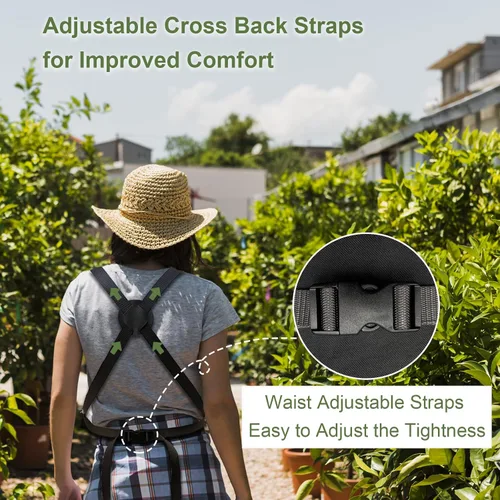 Vista 5 de Delantal de jardinería impermeable con espalda cruzada, delantal extra 600D resistente para cosecha y grandes bolsillos de liberación rápida Negro
