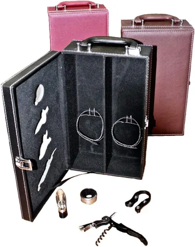 Vista 3 de Lifestyle Top Handle Travel Two Bottle Wine Carrier Case con 4 piezas Juego de accesorios de vino (negro)