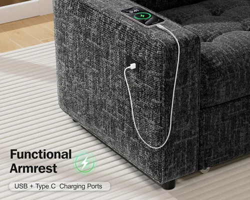 Vista 8 de Vipbear Sofá cama modular en forma de L de 5 asientos con cama extraíble/respaldo reclinable/puertos USB/asiento de almacenamiento, sofá cama Negro