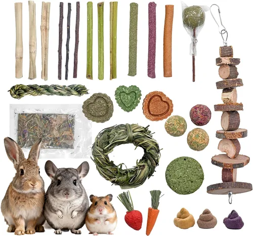 Vista 7 de Juguetes masticables de conejo, juguetes para conejillos de indias y hámsters, juego de palos y bolas naturales para masticar para animales 32 Piezas