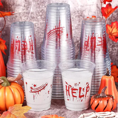 Vista 9 de Meanplan 90 vasos de plástico para fiesta de Halloween de 12 onzas desechables transparentes con estampado aterrador para licor, café, jugo