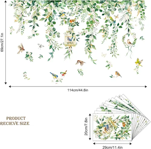Vista 3 de Supzone Calcomanías de pared colgantes de hojas de vid – 45 x 28 pulgadas, hojas de eucalipto verdes, flores, pájaros, calcomanías de pared