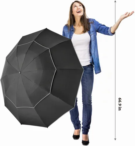 Vista 9 de G4Free 54/62 Inch Large Inverted Golf Umbrella Windproof Reflective Stripe Reverse Folding Umbrella, for Rain, Double Canopy, Automatic Open