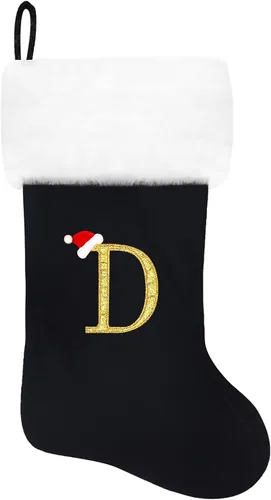 Vista 213 de Calcetines de Navidad bordados de 20 pulgadas con monograma, terciopelo negro con puño de felpa blanca supersuave, adornos clásicos para decoración