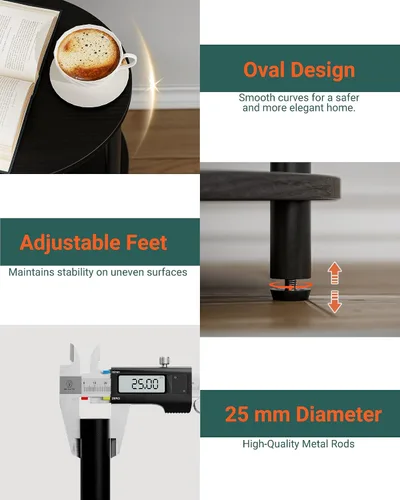 Vista 3 de Mesa auxiliar redonda pequeña – Mesa decorativa ovalada de 3 niveles para espacios pequeños, mesa auxiliar de sofá de madera rústica y metal, mesita