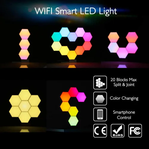 Vista 5 de Yescom Paquete de 10 luces LED hexagonales con control de aplicación, WiFi, luz hexagonal de pared, sala de juegos, decoración de dormitorio