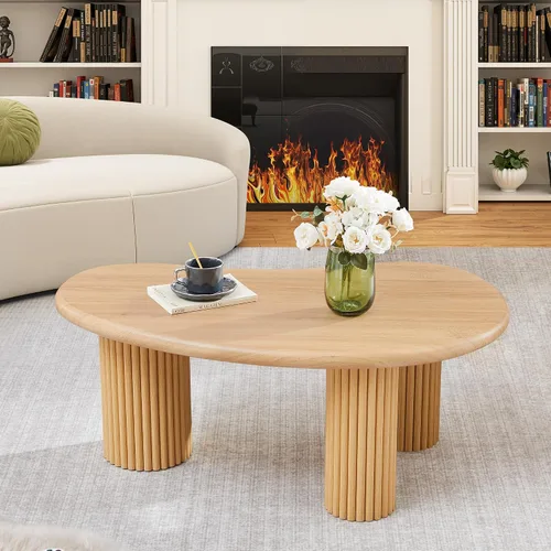 Vista 9 de Mesa de Centro Acanalada, 39'' Mesas de Centro Estilo Granja para Sala de Estar, Mesa Central de Acento de Madera Baja Mesa de Té Pequeña con Base