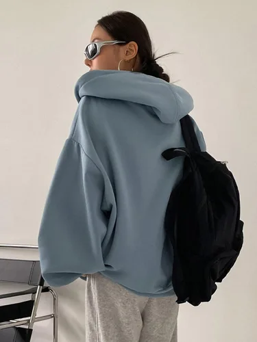 Vista 2 de MAKEMECHIC Sudadera con capucha para mujer, con forro térmico de gran tamaño, con cremallera, manga farol, con capucha