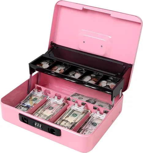 Vista 13 de Jssmst - Caja de efectivo de metal grande con bandeja de dinero,Caja de bloqueo
