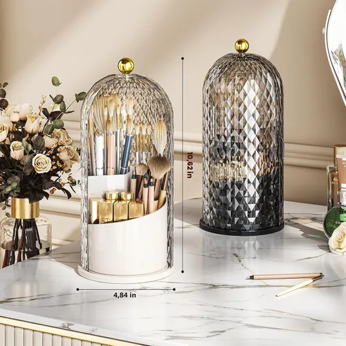 Vista 6 de Organizador de brochas de maquillaje con tapa, soporte giratorio de 360 grados para brochas de maquillaje con tapa, almacenamiento de brochas de Dia